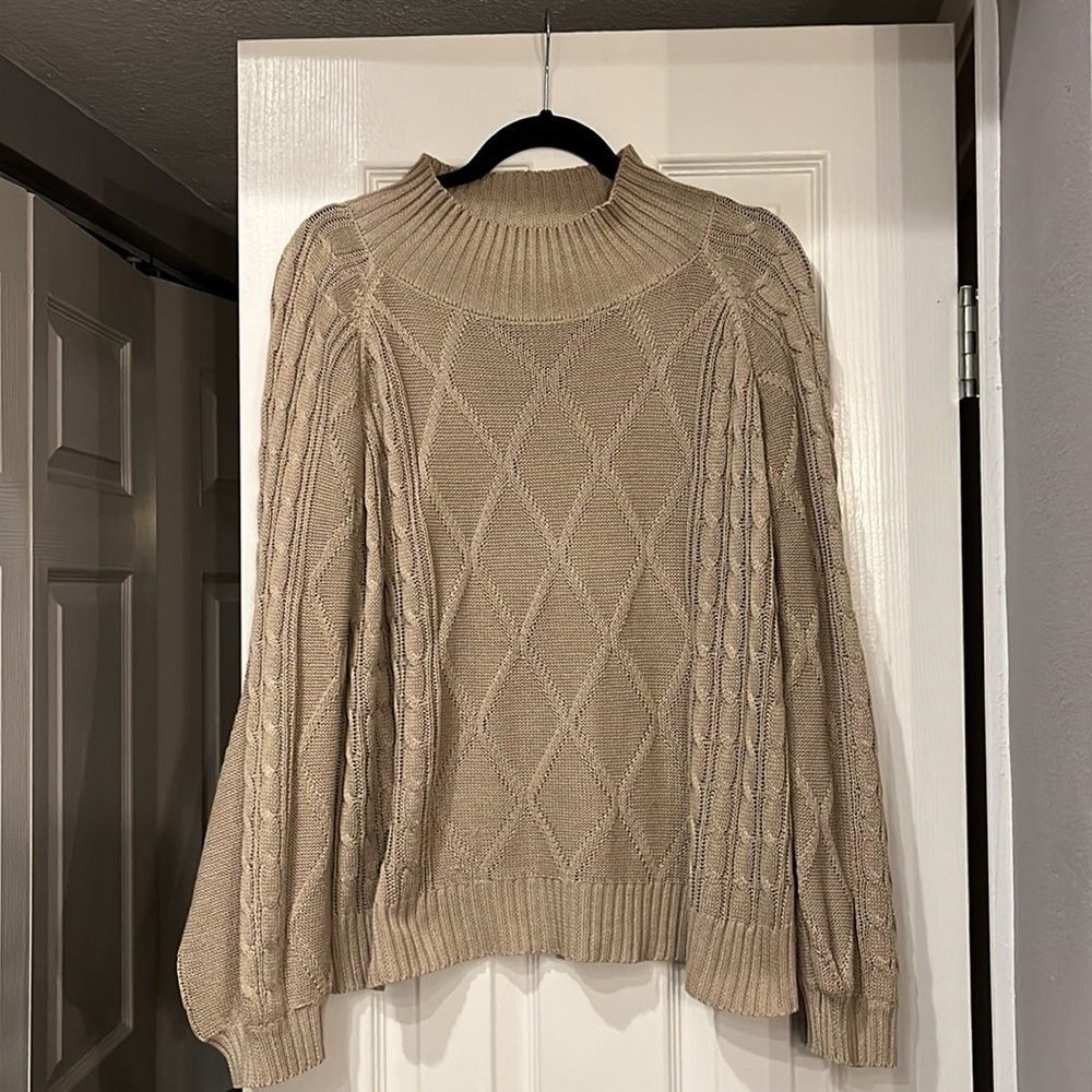 Choles Tan Ladies Sweater. Bell sleeves. Never worn mock neck. Size M.